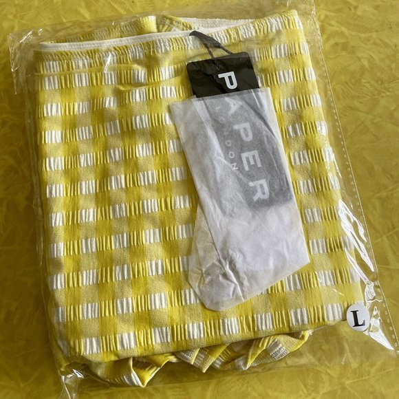 Paper London Maldives Bikini Bottom w/Frill Yellow Check Beach Bum Size L - Picture 2 of 4